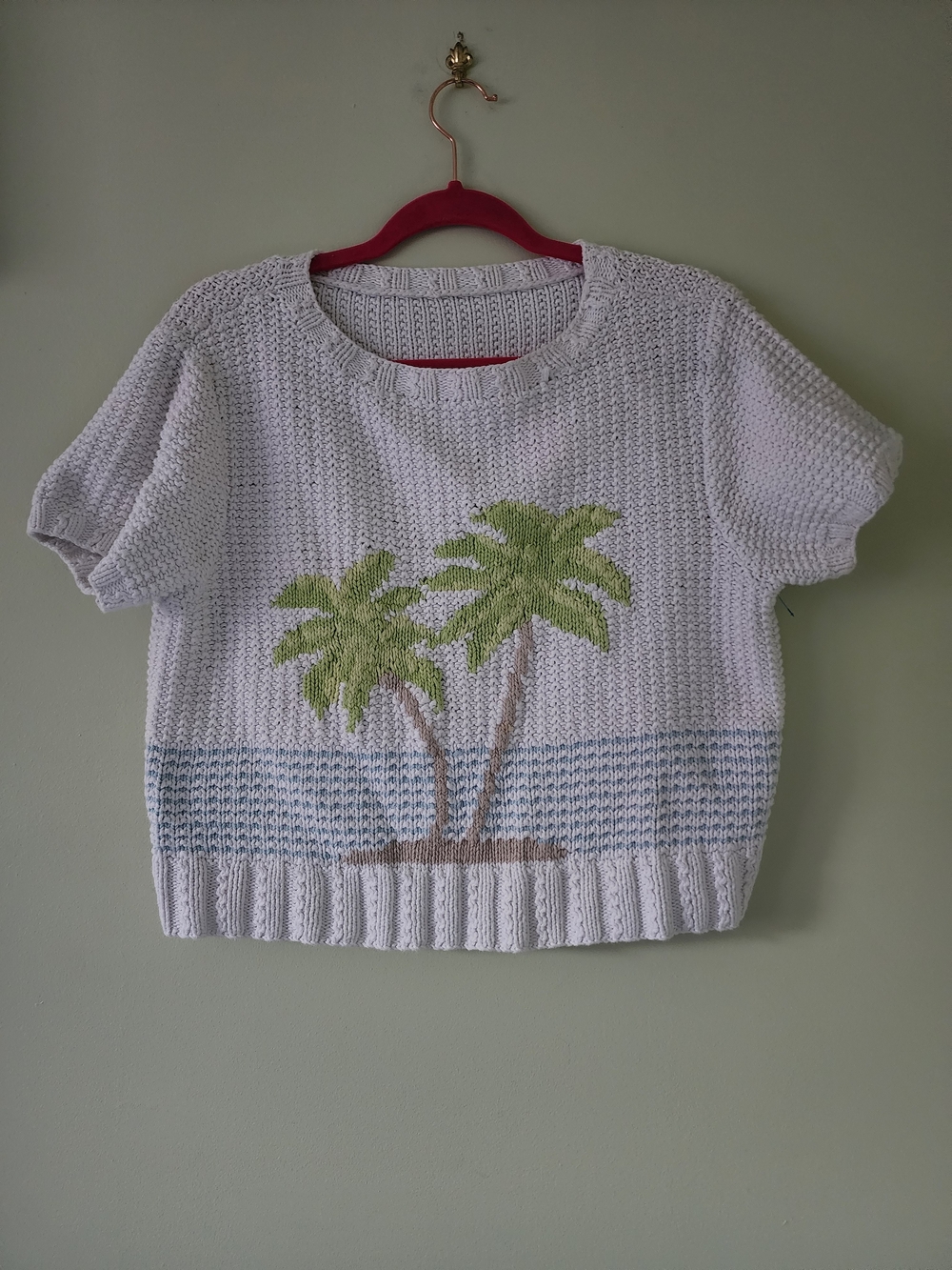 Anthropologie White Knit Palm Tree Short Sleeve Sweater
